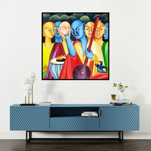 'Musical Ensemble' painting by Deepali Mundra shown on a wall in a furnished room.
