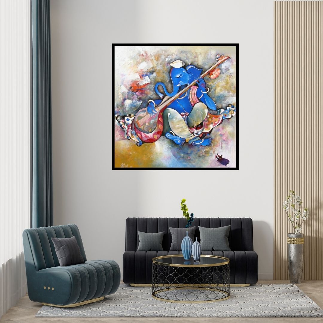 Preview of 'Musical Ganesha (Serenade)' Painting by M Singh shown on a wall in a furnished room.