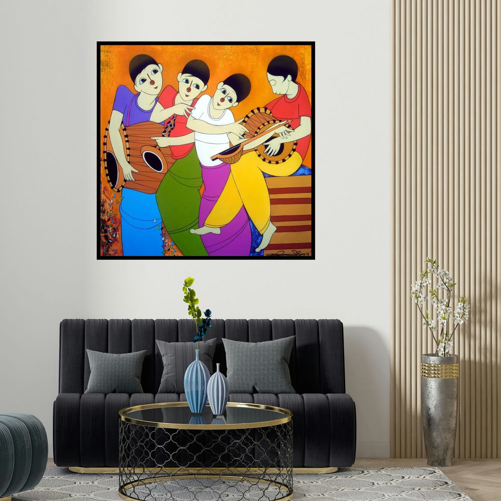 Dnyaneshwar Bembade's 'Musical Man' painting visualized above a sofa in a contemporary room.