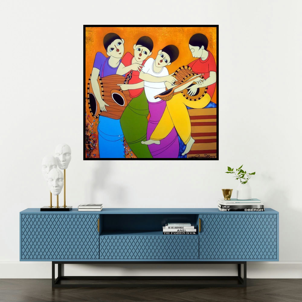 'Musical Man' painting by Dnyaneshwar Bembade shown on a wall in a furnished room.