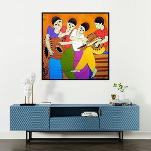 'Musical Man' painting by Dnyaneshwar Bembade shown on a wall in a furnished room.