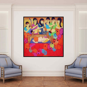 In-situ view of Dnyaneshwar Bembade's 'Musical Welcome' painting in a room