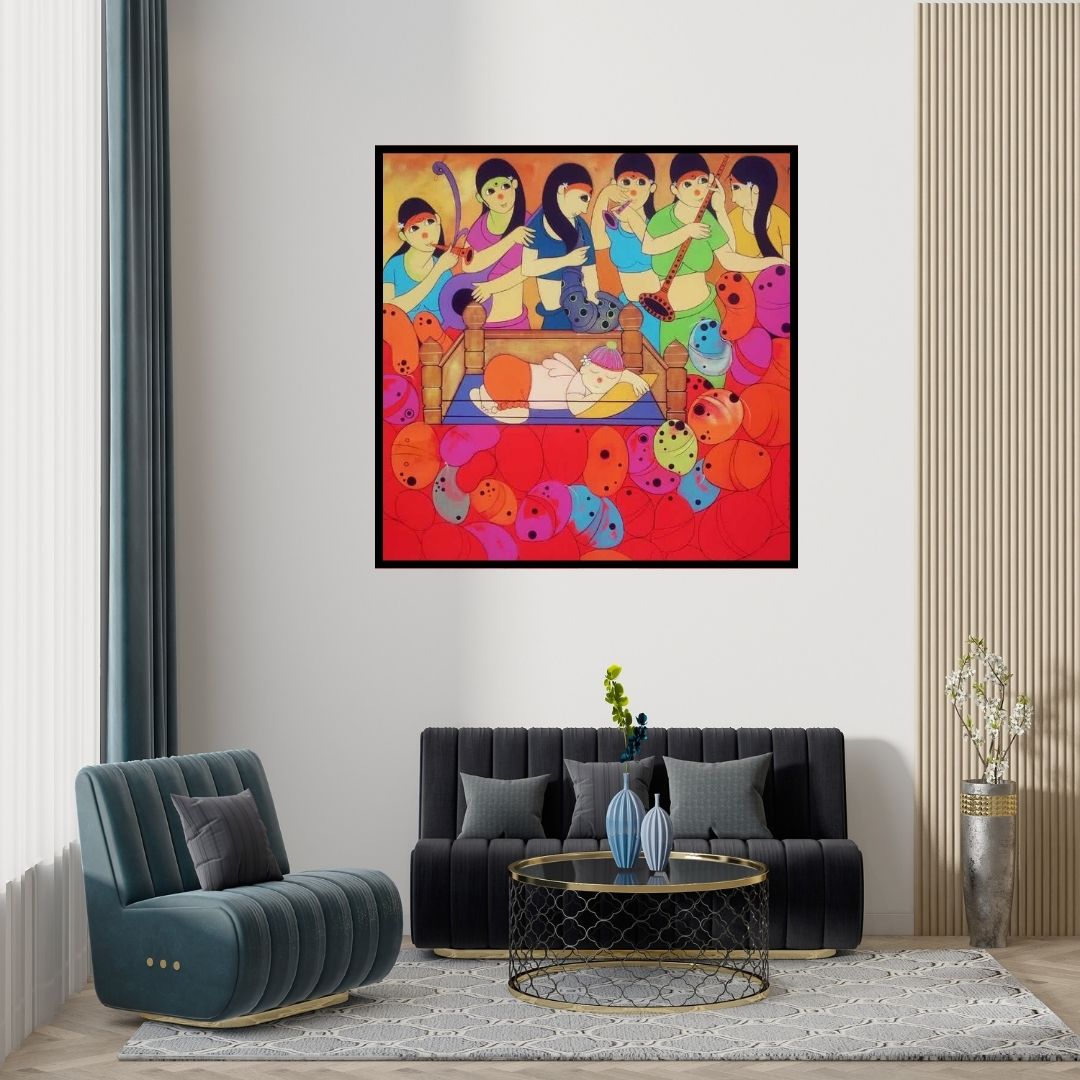 Preview of 'Musical Welcome' Painting by Dnyaneshwar Bembade shown on a wall in a furnished room.