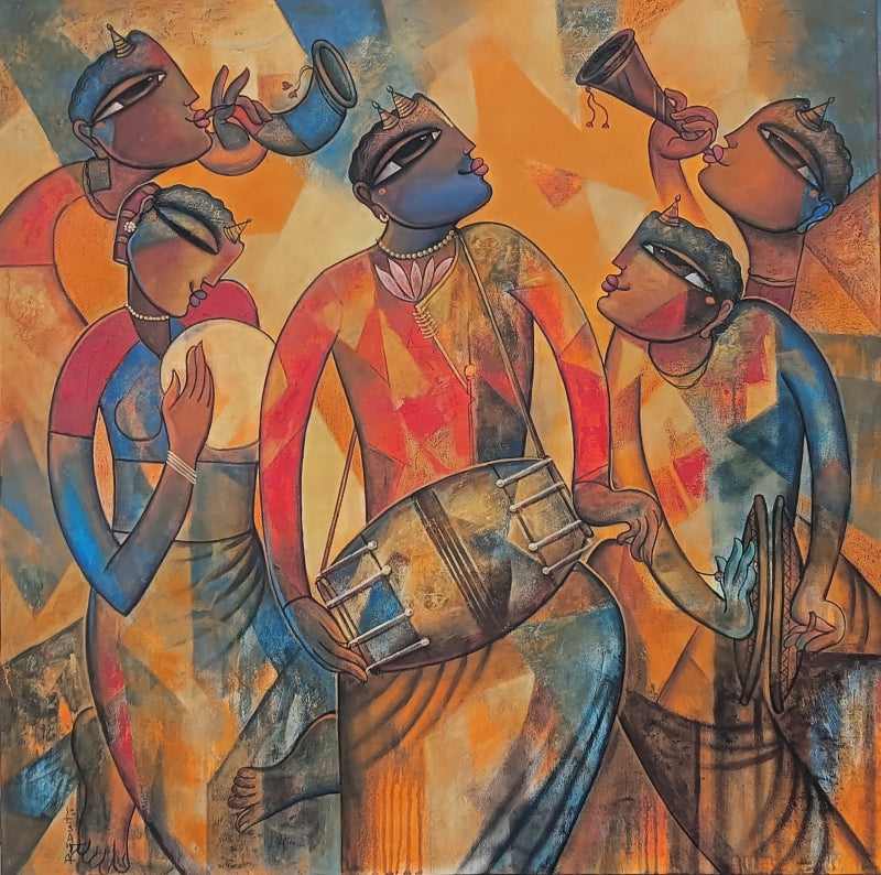 Musician 1' figurative acrylic painting by artist Rajendra Dixit, 42x42 inch, on canvas