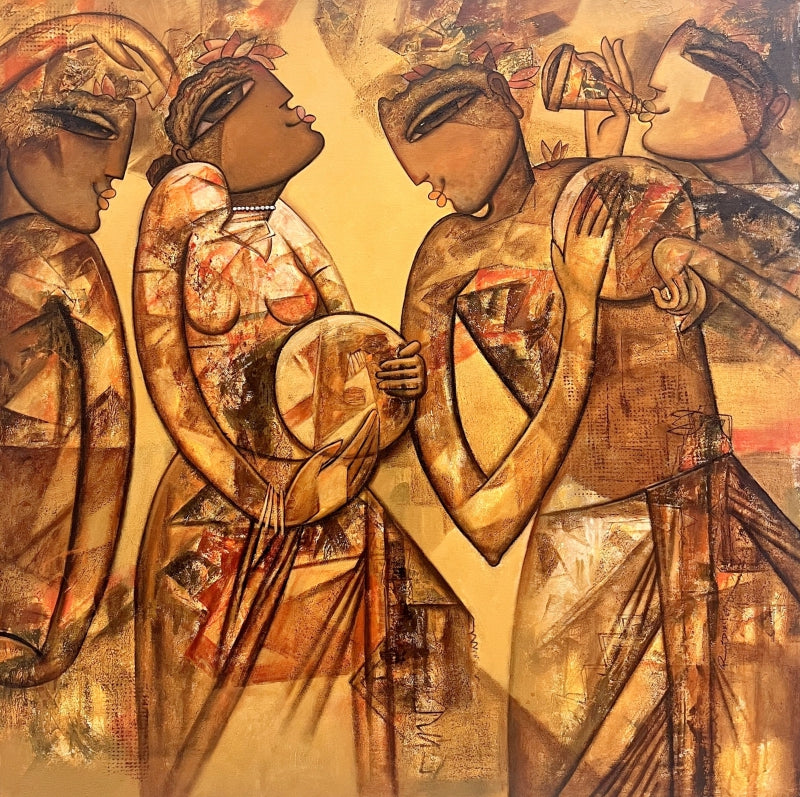 Musician 2' figurative acrylic painting by artist Rajendra Dixit, 42x42 inch, on canvas