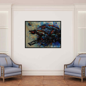 In-situ view of Narayan Shelke's 'Musician And The Cow (Blue Rhapsody: A Serenade to Contentment)' painting in a room