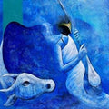 Figurative acrylic painting titled 'Musician and the Cow', 48x36 inches, by artist Narayan Shelke on Canvas