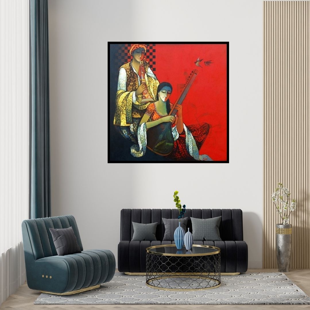Preview of 'Musician Couple I' Painting by Ram Onkar shown on a wall in a furnished room.