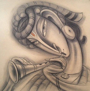 Musician Ii (A Silent Melody) by Ramesh Pachpande, Original Charcoal Figurative Painting on Paper, X-Small Square Wall Art