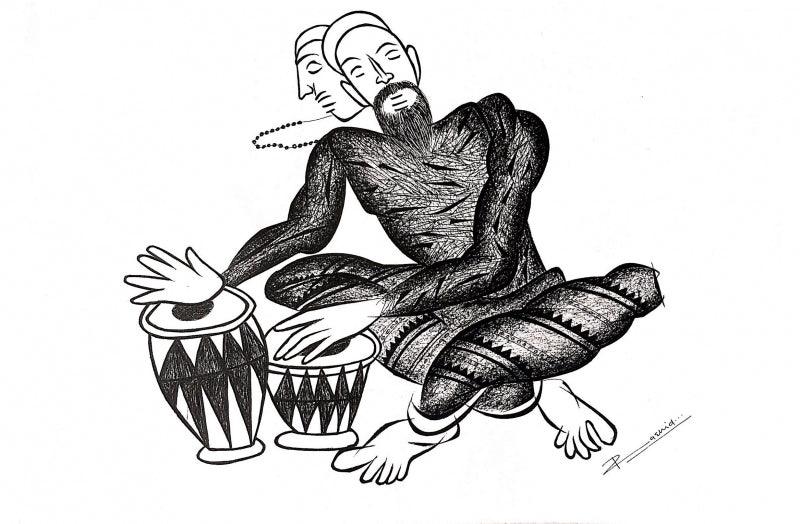 Figurative pen ink drawing titled 'Musician Series 17', 13x19 inches, by artist Rashid Ahamad on Paper