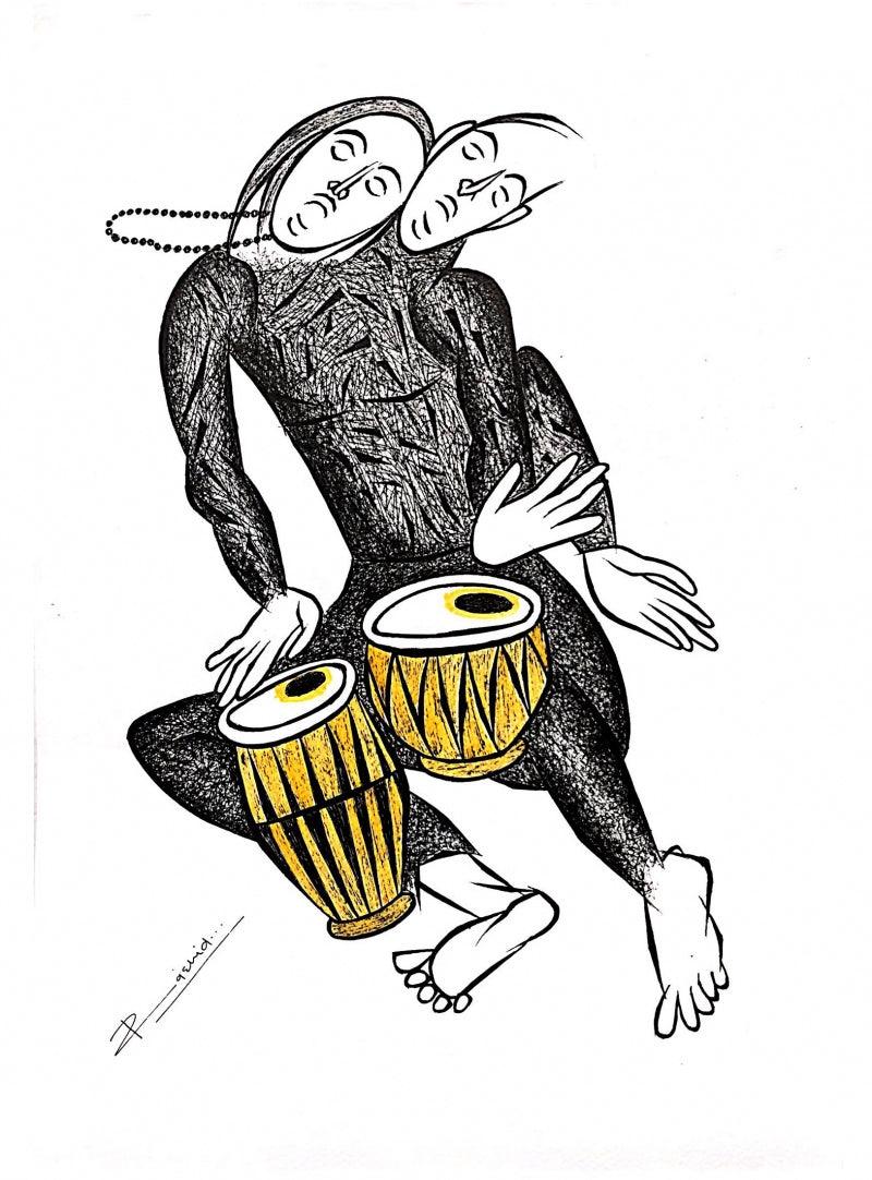 Figurative pen ink drawing titled 'Musician Series 8', 19x13 inches, by artist Rashid Ahamad on Paper