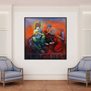 In-situ view of Ram Onkar's 'The Musicians' painting in a room