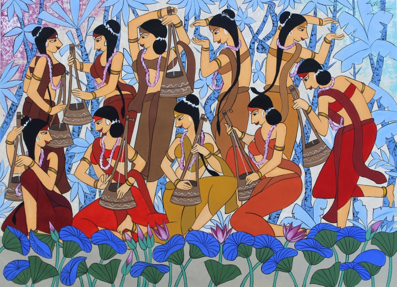 Musicians' figurative acrylic painting by artist Chetan Katigar, 44x60 inch, on canvas