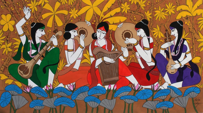 The Musicians' figurative acrylic painting by artist Chetan Katigar, 38x68 inch, on canvas