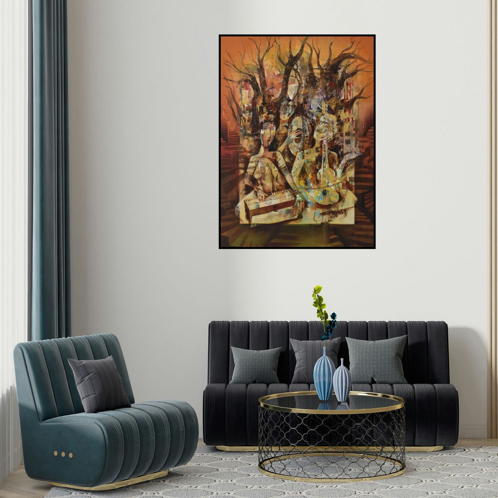 Durshit Bhaskar's 'Musicians (Rhythm of the Woods)' painting visualized above a sofa in a contemporary room.