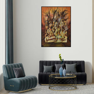 Durshit Bhaskar's 'Musicians (Rhythm of the Woods)' painting visualized above a sofa in a contemporary room.