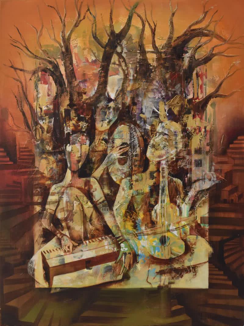 Music oil painting titled 'Musicians', 36x48 inches, by artist Durshit Bhaskar on Canvas