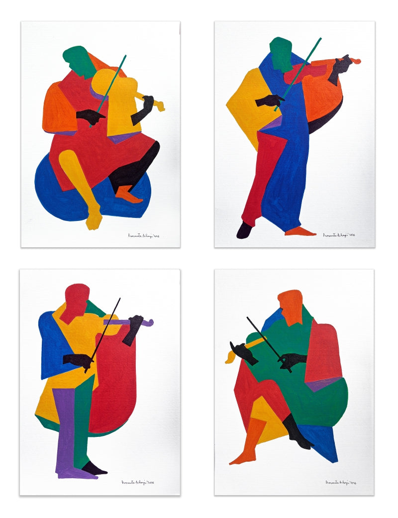 Musicians In Motion' figurative acrylic painting by artist Prasanta Acharjee, 12x8 inch, on brusto board