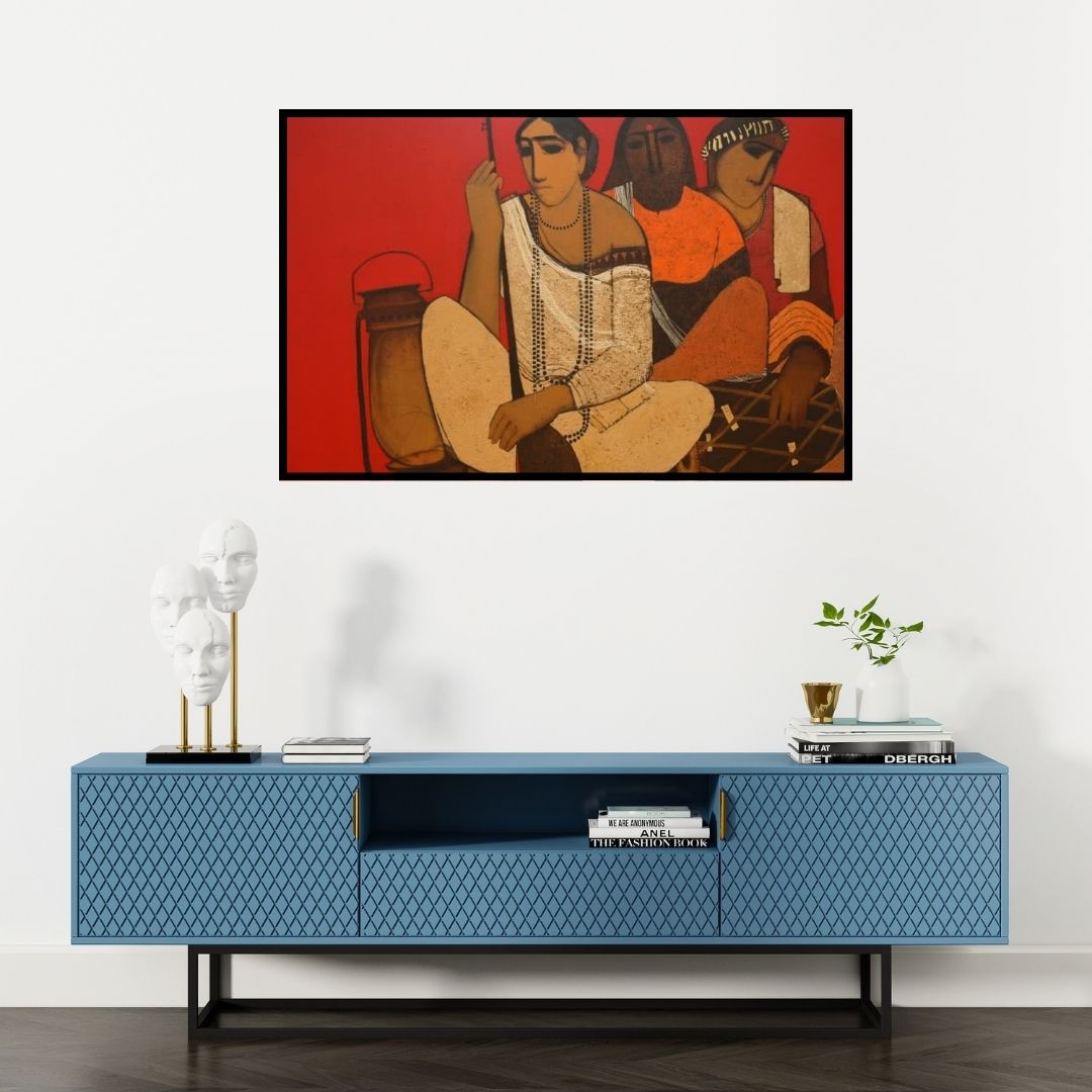 Preview of 'Musicians' Painting by Siddharth Shingade shown on a wall in a furnished room.