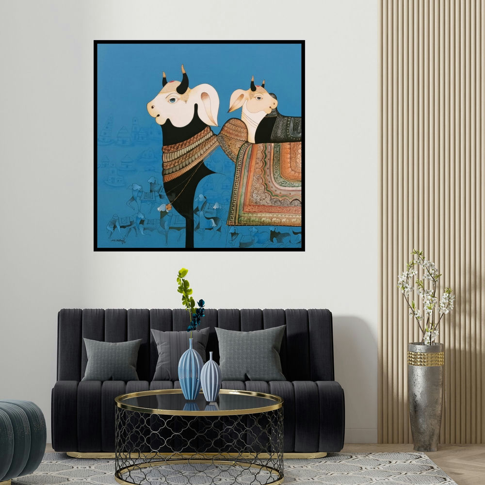 Ag Nellagi's 'My Bull' painting visualized above a sofa in a contemporary room.