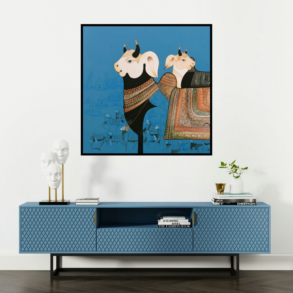 'My Bull' painting by Ag Nellagi shown on a wall in a furnished room.