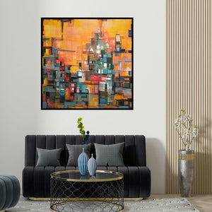 Praveen Kumar's 'My City' painting visualized above a sofa in a contemporary room.