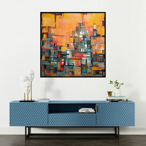 'My City' painting by Praveen Kumar shown on a wall in a furnished room.