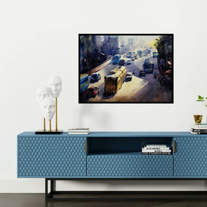 Preview of 'My City Kolkata 1' Painting by Sankar Das shown on a wall in a furnished room.