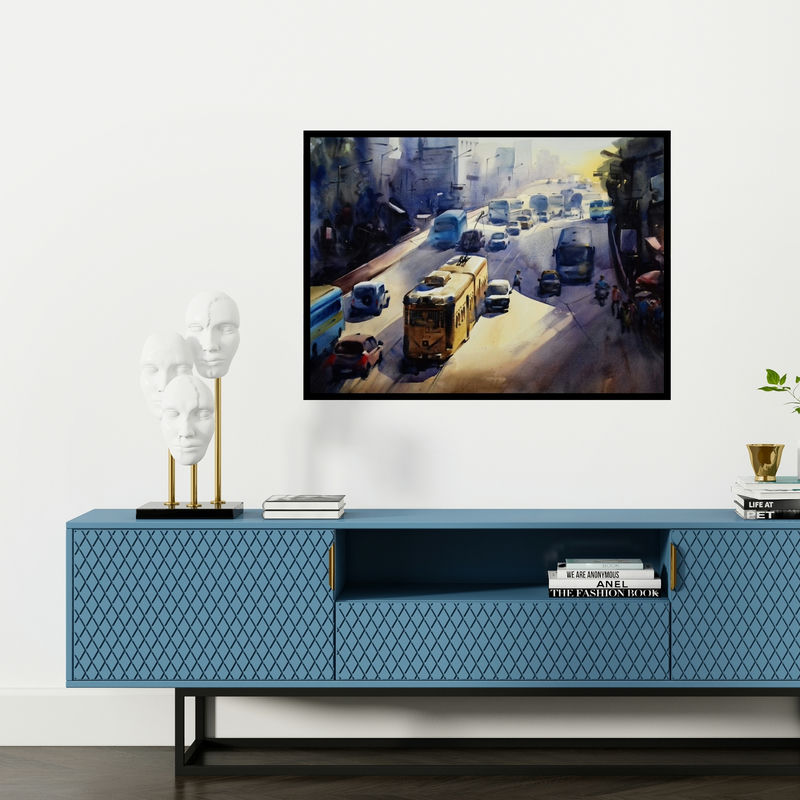 Preview of 'My City Kolkata 1' Painting by Sankar Das shown on a wall in a furnished room.
