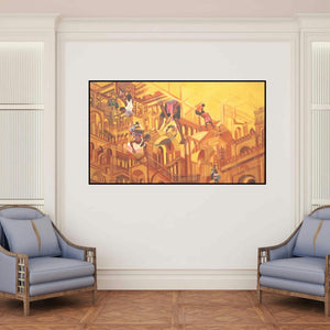'My Construction 1' painting by Priyanka Das shown on a wall in a furnished room.