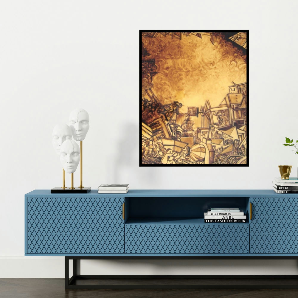 'My Construction 3' painting by Priyanka Das shown on a wall in a furnished room.