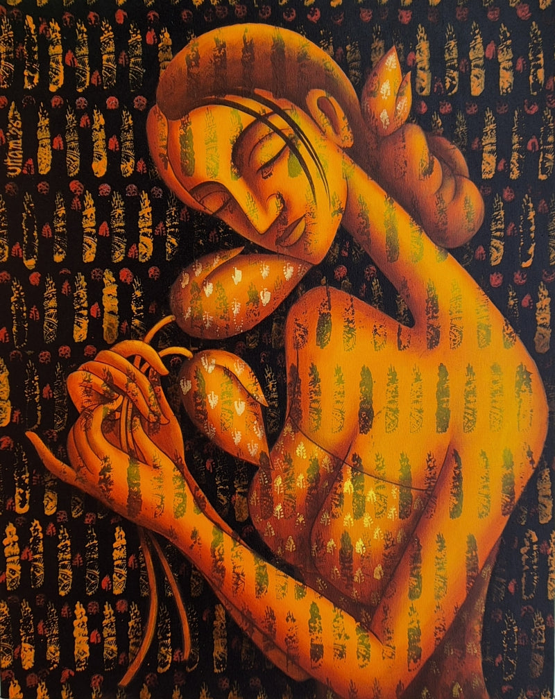 'My Dreams 6' figurative acrylic painting by artist Uttam Bhattacharya, 30x24 inch, on canvas