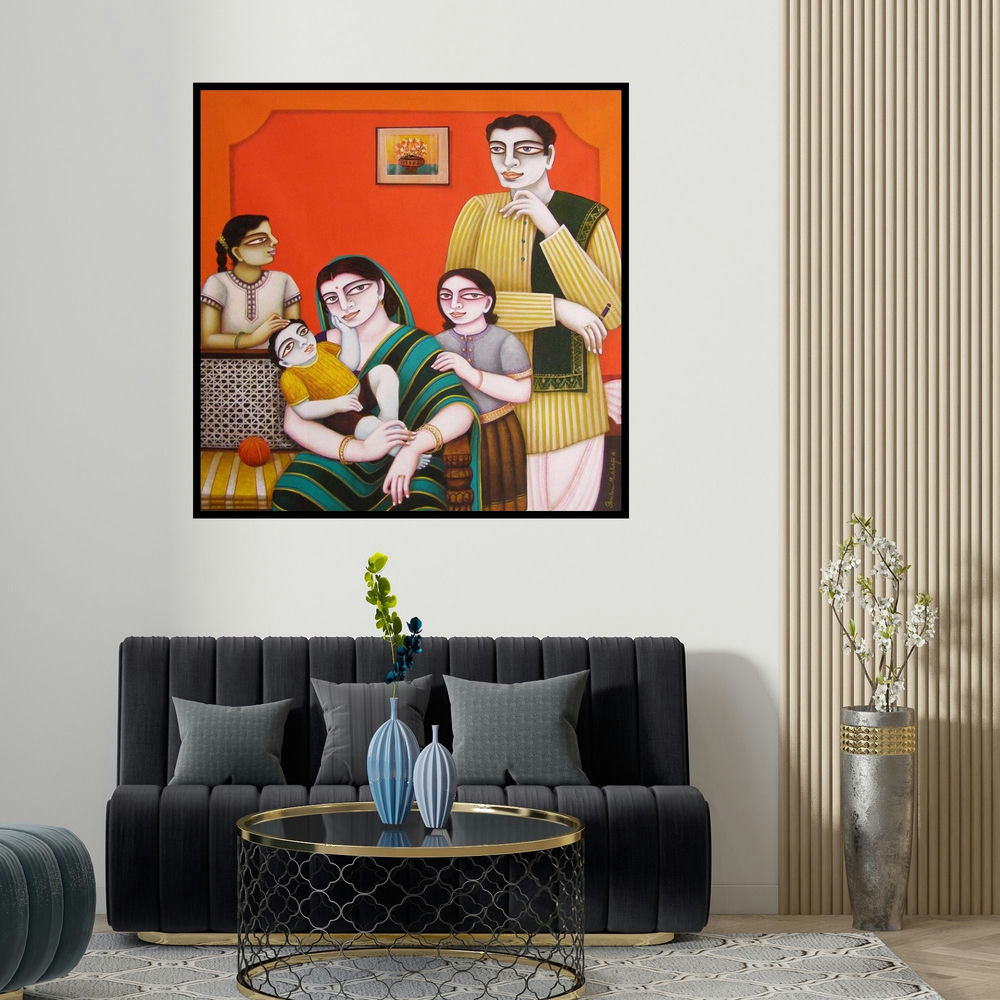Gautam Mukherjee's 'My Family' painting visualized above a sofa in a contemporary room.