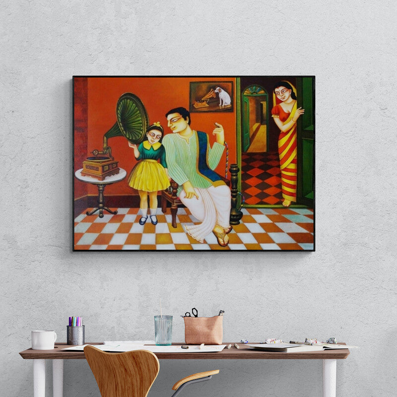 Preview of 'My Family 2' Painting by Gautam Mukherjee shown on a wall in a furnished room.
