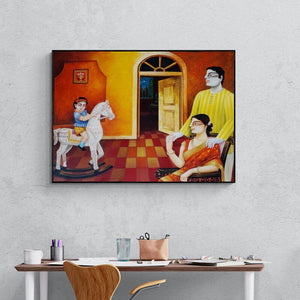 Preview of 'My Family 3' Painting by Gautam Mukherjee shown on a wall in a furnished room.