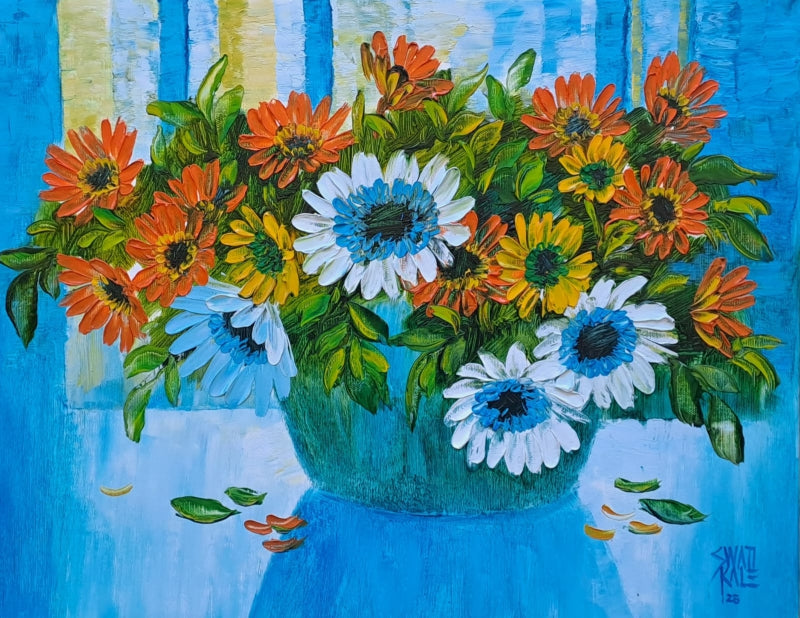 'My Flowers 4' nature oil painting by artist Swati Kale, 14x18 inch, on canvas