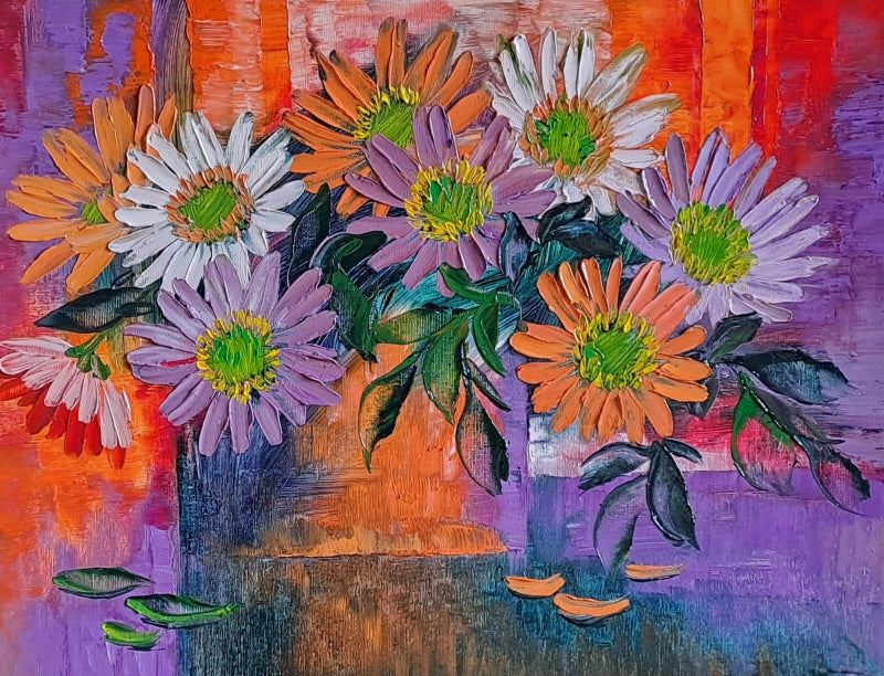 'My Flowers 5' nature oil painting by artist Swati Kale, 14x18 inch, on canvas