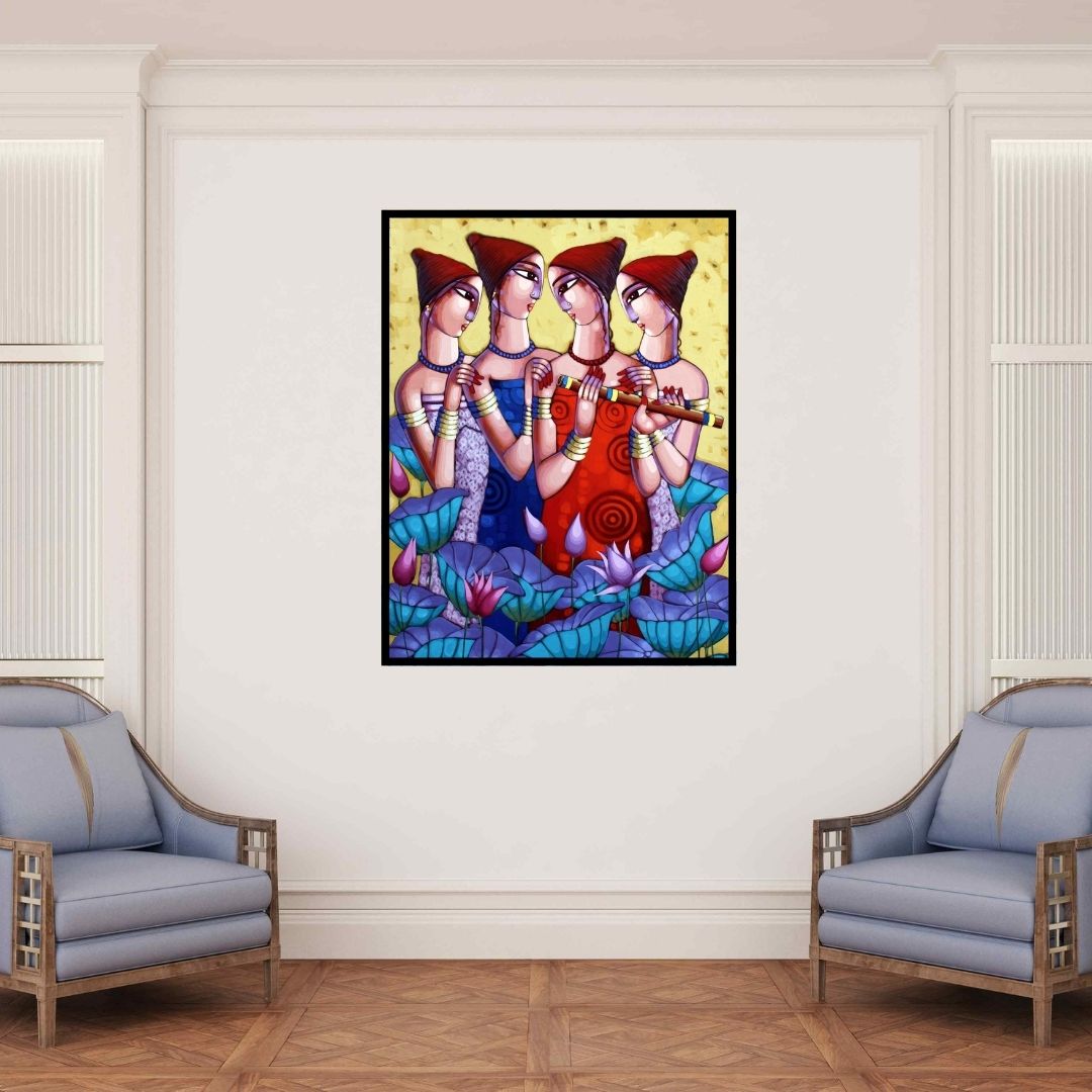 In-situ view of Sekhar Roy's 'My Friends (The Flute Players)' painting in a room