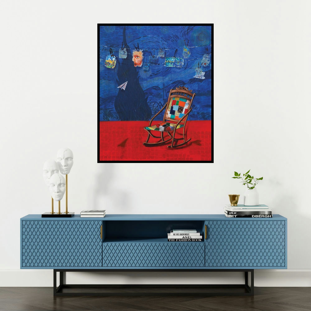 Isha Bawiskar's 'My Ideol (The Starry Night Chair)' painting visualized above a sofa in a contemporary room.