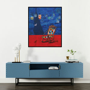 Isha Bawiskar's 'My Ideol (The Starry Night Chair)' painting visualized above a sofa in a contemporary room.