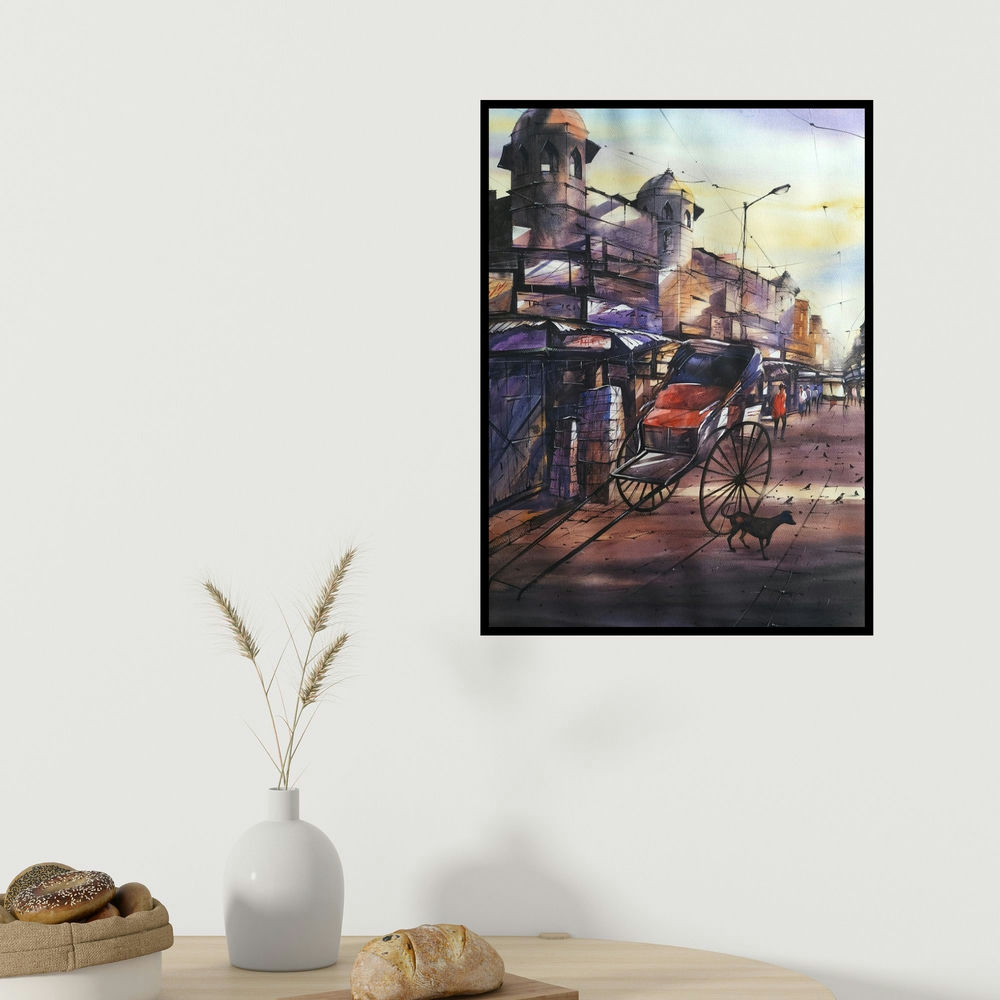 Sadikul Islam's 'My Kolkata 6 (A Glimpse of the Past**)' painting visualized above a sofa in a contemporary room.