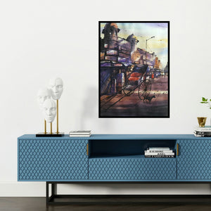 'My Kolkata 6 (A Glimpse of the Past**)' painting by Sadikul Islam shown on a wall in a furnished room.