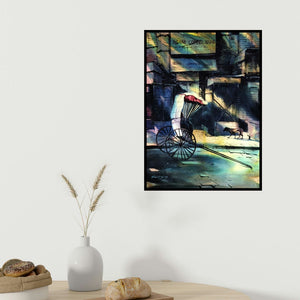 Sadikul Islam's 'My Kolkata (A Glimpse of the Past**)' painting visualized above a sofa in a contemporary room.