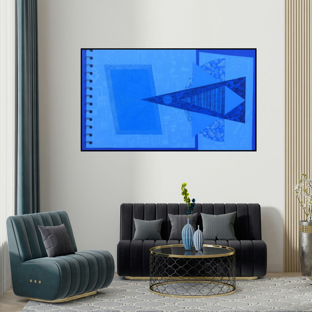 Dipa Das's 'My Lost Diary (Celestial Dance**)' painting visualized above a sofa in a contemporary room.