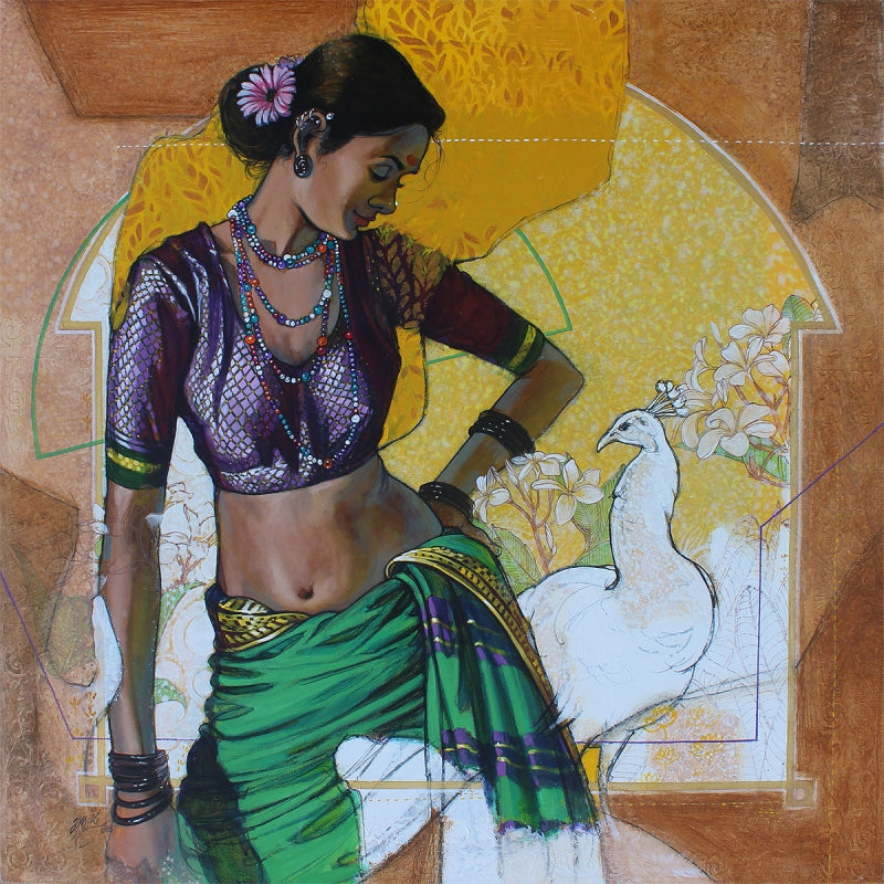 My Muse And The Moonlight Peacock' figurative acrylic painting by artist Ramchandra S Kharatmal, 30x30 inch, on canvas