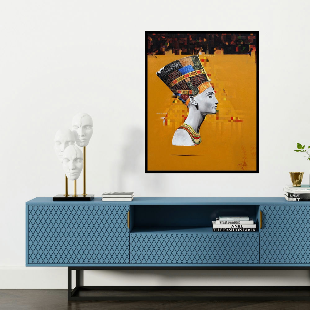 'My Nefertiti' painting by Ramchandra Kharatmal shown on a wall in a furnished room.