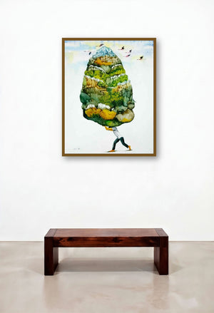 My Piece Of Land (A Herculean Task) by artist Sunil Lohar displayed in a Luxury Reception Area