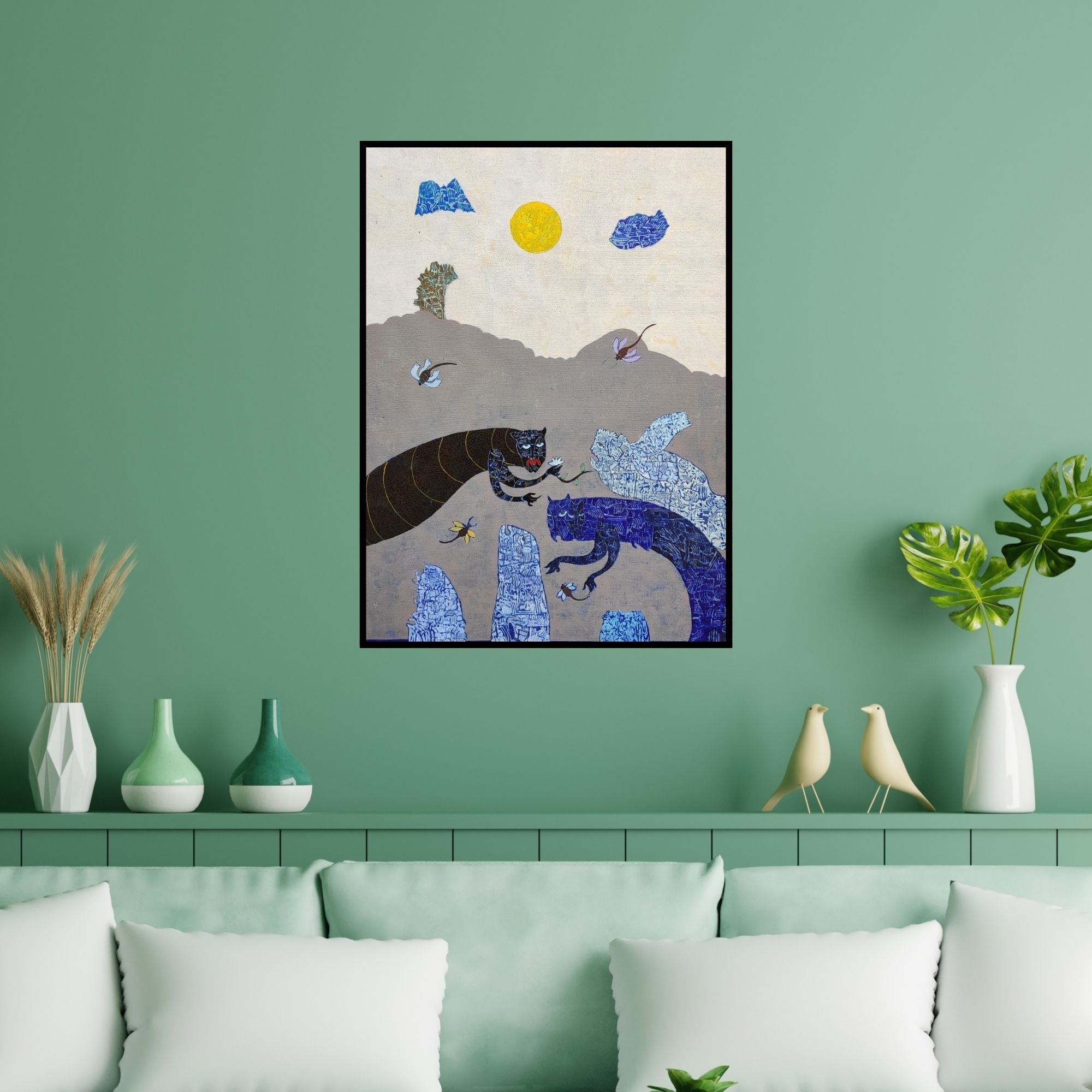 Preview of 'My Proposal (A Surreal Encounter)' Painting by Veenita Chendvankar shown on a wall in a furnished room.