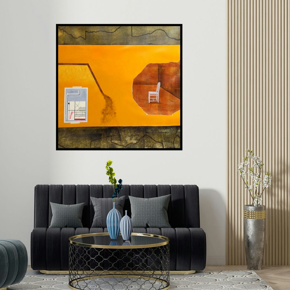 Govind Biswas's 'My Self (Inner Space)' painting visualized above a sofa in a contemporary room.