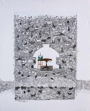My Studio (The Inner World) by Avijit Mukherjee, Original Acrylic Still-Life Painting on Canvas, X-Large Vertical Wall Art